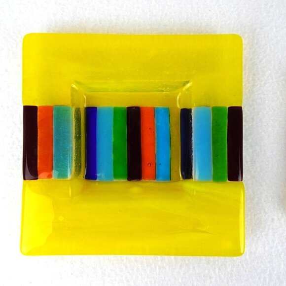 Fused Glass Square Ashtray Trinket Dish Candy Yellow Rainbow Striped SET of 2 - Picture 2 of 6